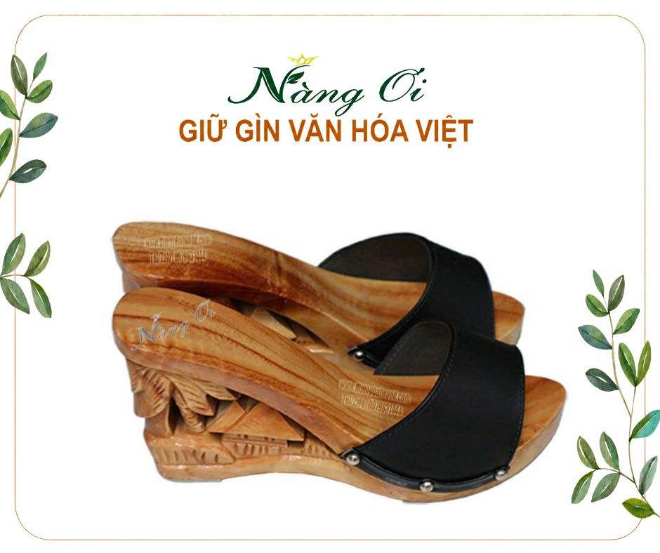 guốc gỗ chạm khắc quê hương Việt quai da thật với thiết kế cao 10cm